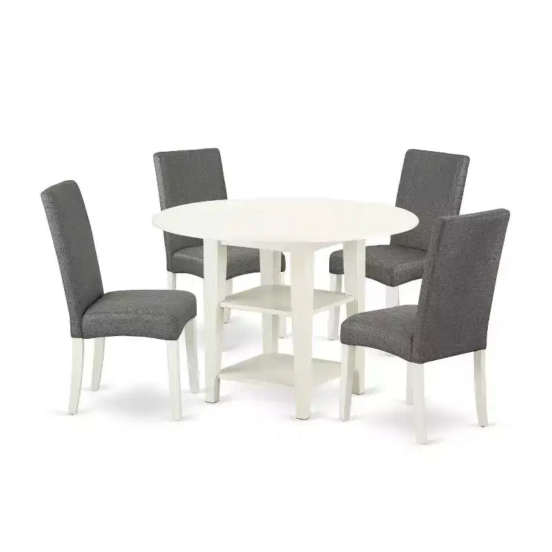 5-Piece Linen White Finish Solid Wood Top-Round Dining Room Set -Seats 4