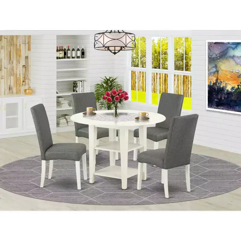 Juego de comedor de 5 piezas de madera maciza con acabado blanco lino y tope redondo -Asientos para 4