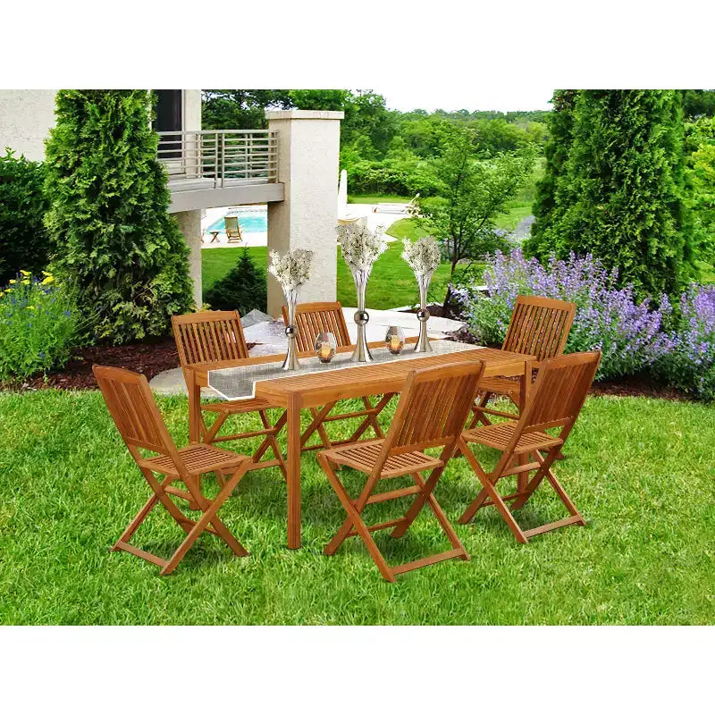 Mesa de comedor de 7 piezas con tapa de madera maciza con acabado de roble natural y 6 sillas