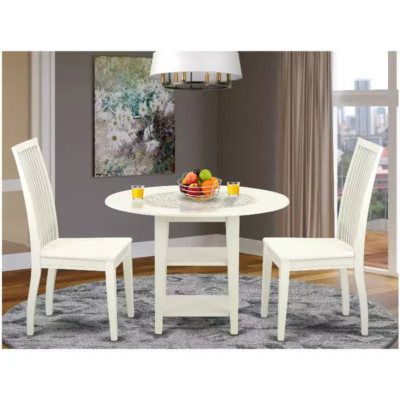 Mesa de comedor redonda de madera maciza con acabado blanco lino de 3 piezas