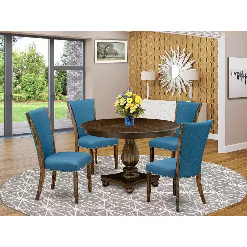 Mesa de comedor de madera maciza con acabado jacobino envejecido de 5 piezas con 4 sillas Parson