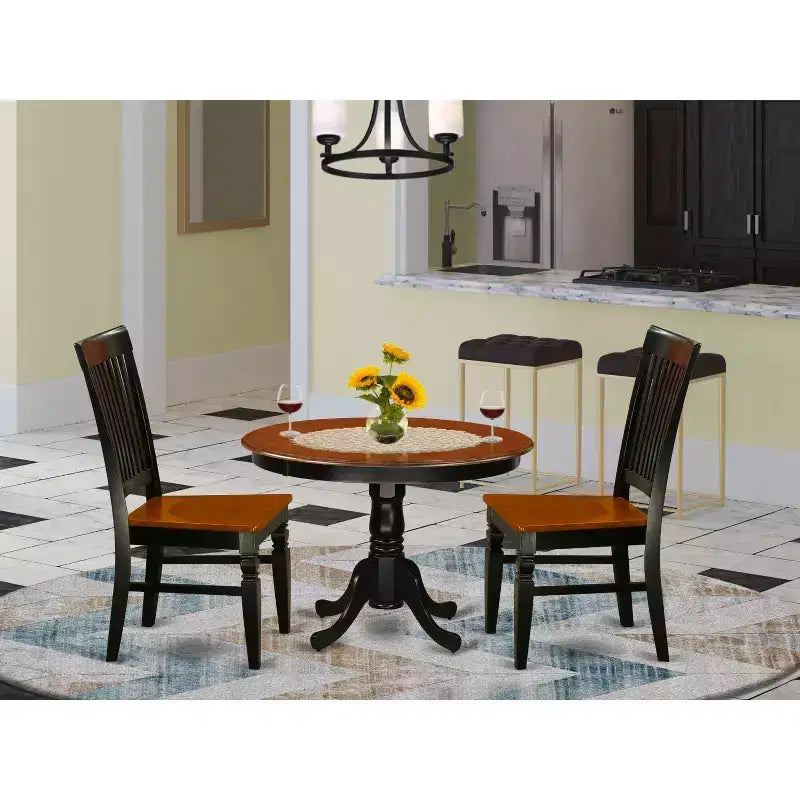Juego de comedor de 3 piezas, parte superior de madera maciza con acabado negro y cerezo - Asientos para 4 personas