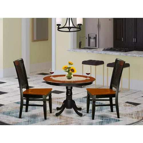 Juego de comedor de 3 piezas, parte superior de madera maciza con acabado negro y cerezo - Asientos para 4 personas