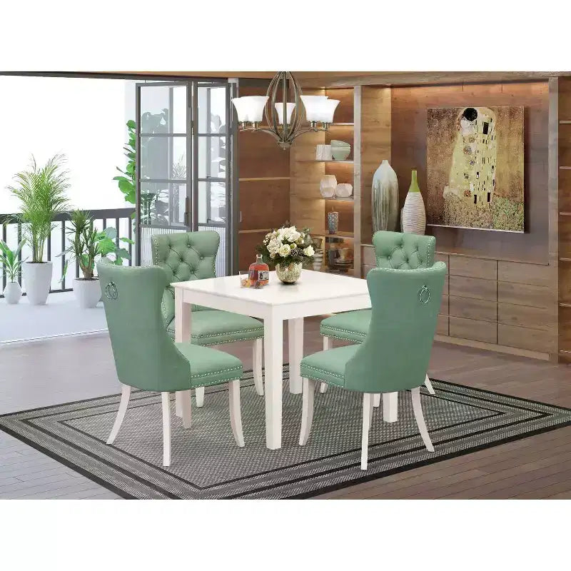 Juego de comedor de 5 piezas de madera maciza con acabado blanco lino - Tapa cuadrada tapizada - Capacidad para 4 personas