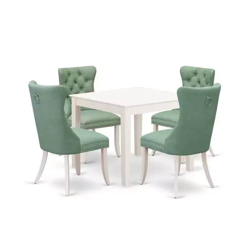 Juego de comedor de 5 piezas de madera maciza con acabado blanco lino - Tapa cuadrada tapizada - Capacidad para 4 personas