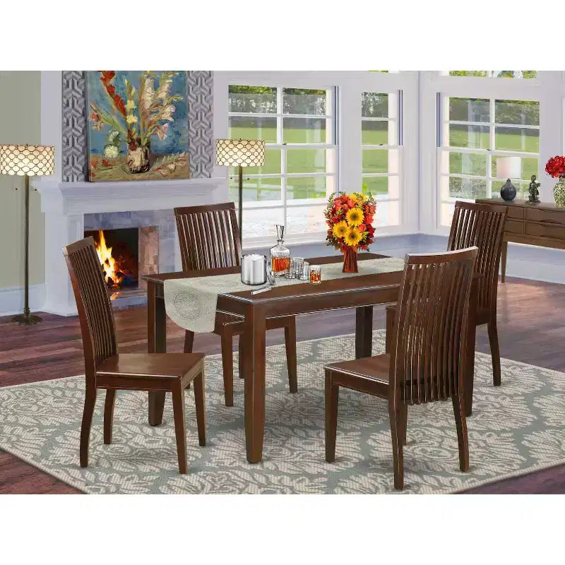Juego de comedor de 5 piezas con tapa de madera maciza y acabado de caoba - Para 4 personas