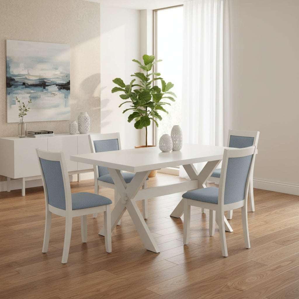 HomeStock 5-Piece Wire Brushed Linen White Finish Solid Wood Top Dining table with 4-Chairs