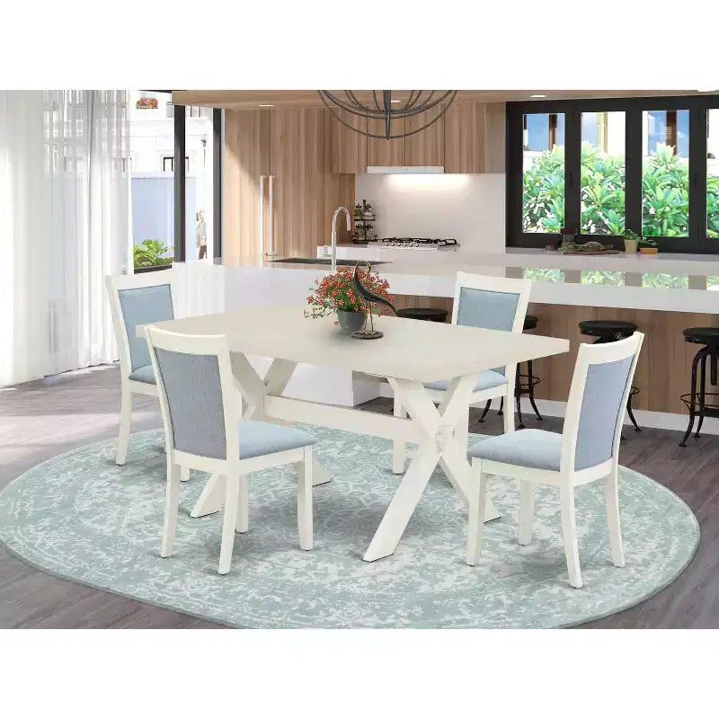 Mesa de comedor de madera maciza con acabado cepillado blanco lino de 5 piezas con 4 sillas
