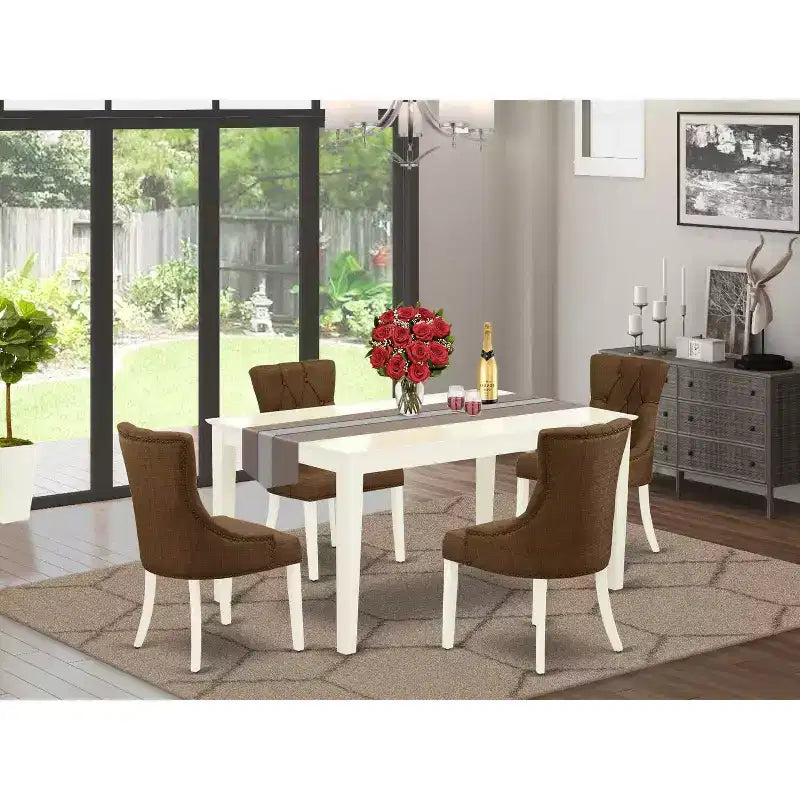 Comedor rectangular de madera maciza con acabado blanco lino de 5 piezas - Capacidad para 4 personas
