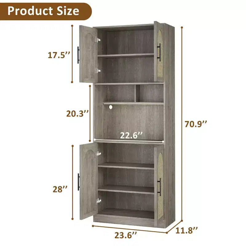 Rattan Kitchen Cabinet with Open Shelves and Doors – Wood Color