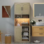 Rattan Kitchen Cabinet with Open Shelves and Doors – Wood Color