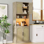 Rattan Kitchen Cabinet with Open Shelves and Doors – Wood Color