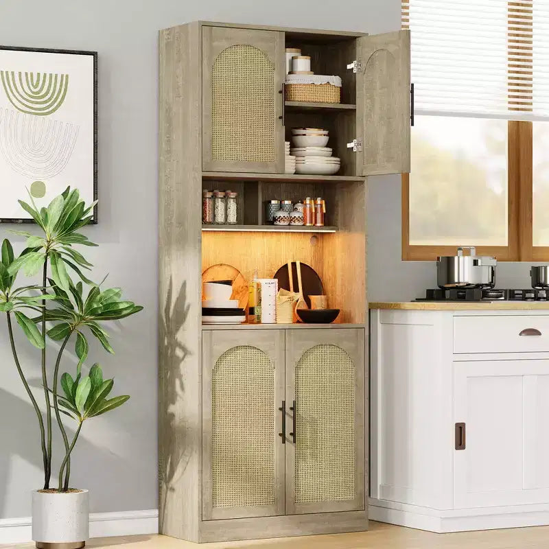 Rattan Kitchen Cabinet with Open Shelves and Doors – Wood Color