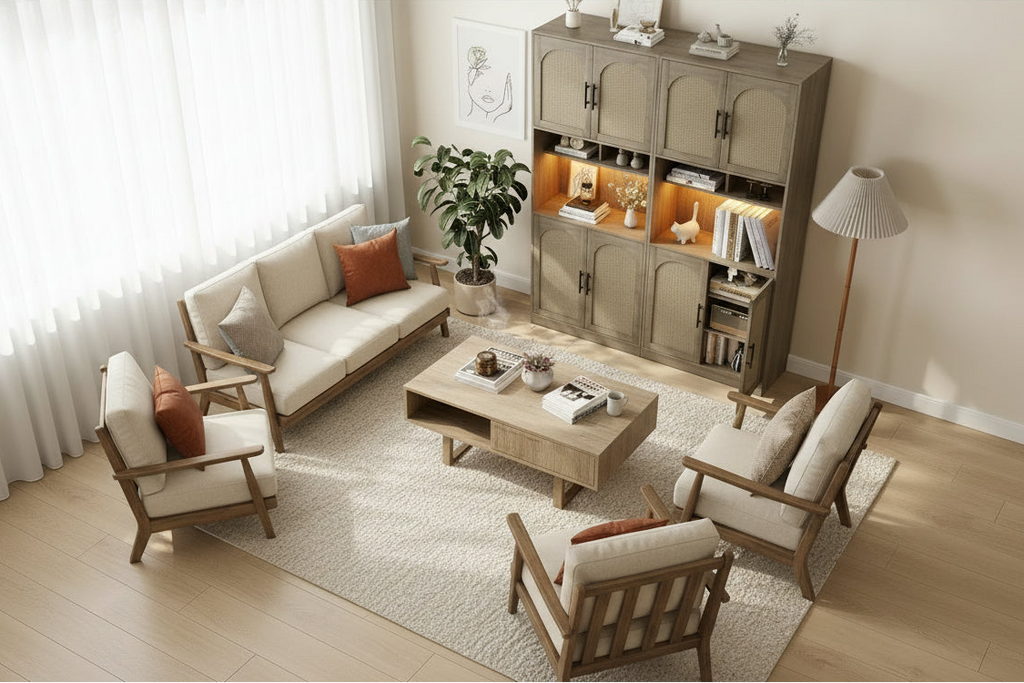 Rattan Kitchen Cabinet with Open Shelves and Doors – Wood Color