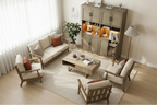 Rattan Kitchen Cabinet with Open Shelves and Doors – Wood Color