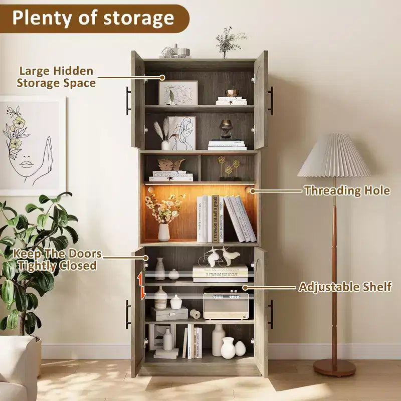 Rattan Kitchen Cabinet with Open Shelves and Doors – Wood Color