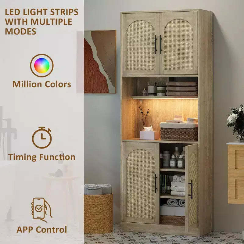 Rattan Kitchen Cabinet with Open Shelves and Doors – Wood Color