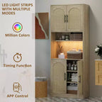 Rattan Kitchen Cabinet with Open Shelves and Doors – Wood Color