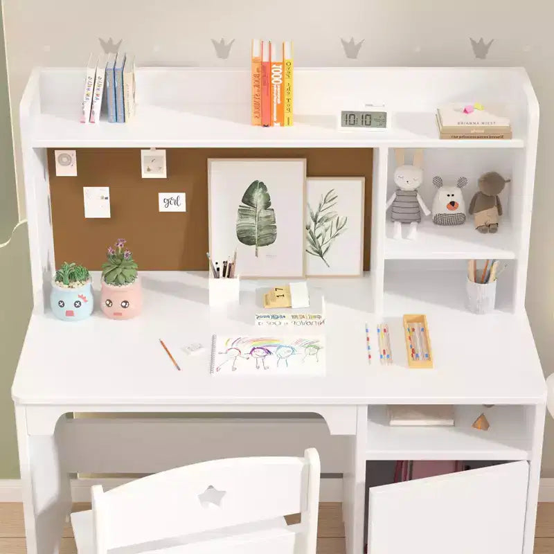 Escritorio y silla infantiles con estantería superior, mueble de almacenamiento de madera