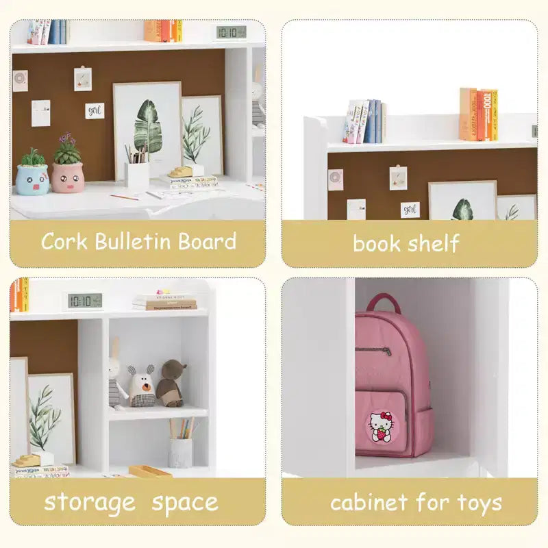 Escritorio y silla infantiles con estantería superior, mueble de almacenamiento de madera