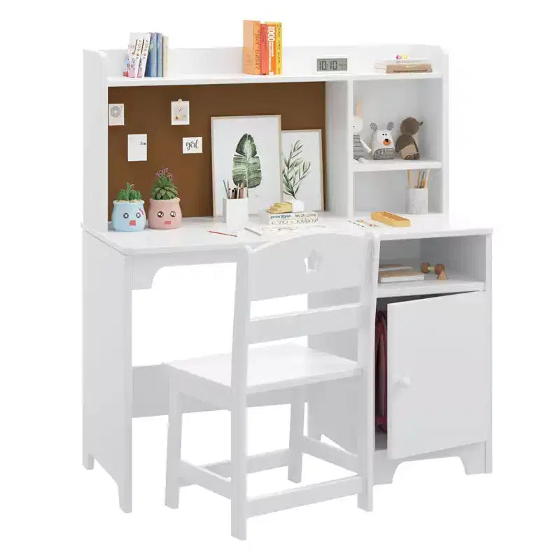 Escritorio y silla infantiles con estantería superior, mueble de almacenamiento de madera