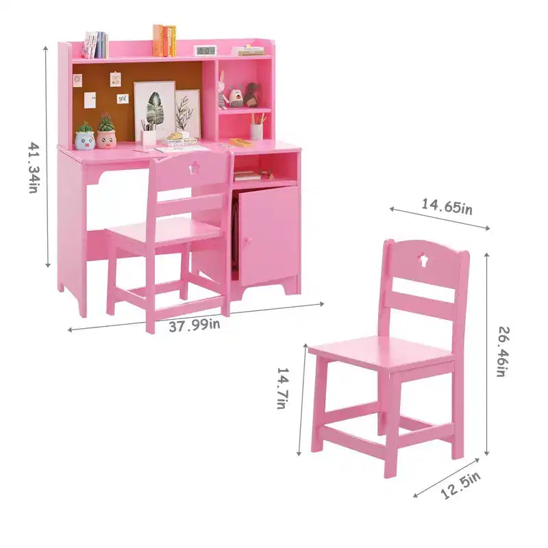 Escritorio y silla infantiles con estantería superior, mueble de almacenamiento de madera