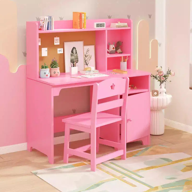 Escritorio y silla infantiles con estantería superior, mueble de almacenamiento de madera