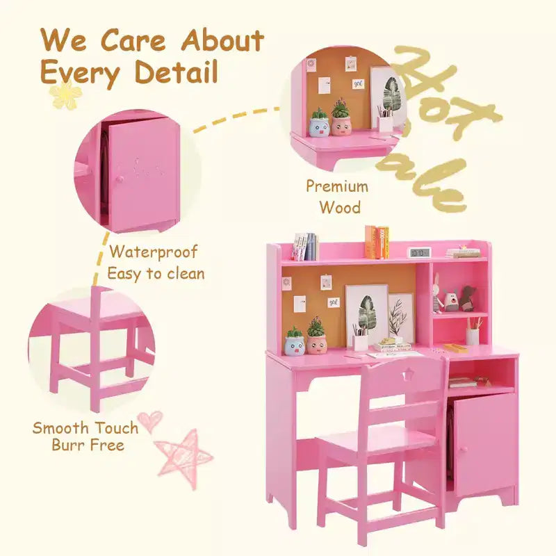 Escritorio y silla infantiles con estantería superior, mueble de almacenamiento de madera