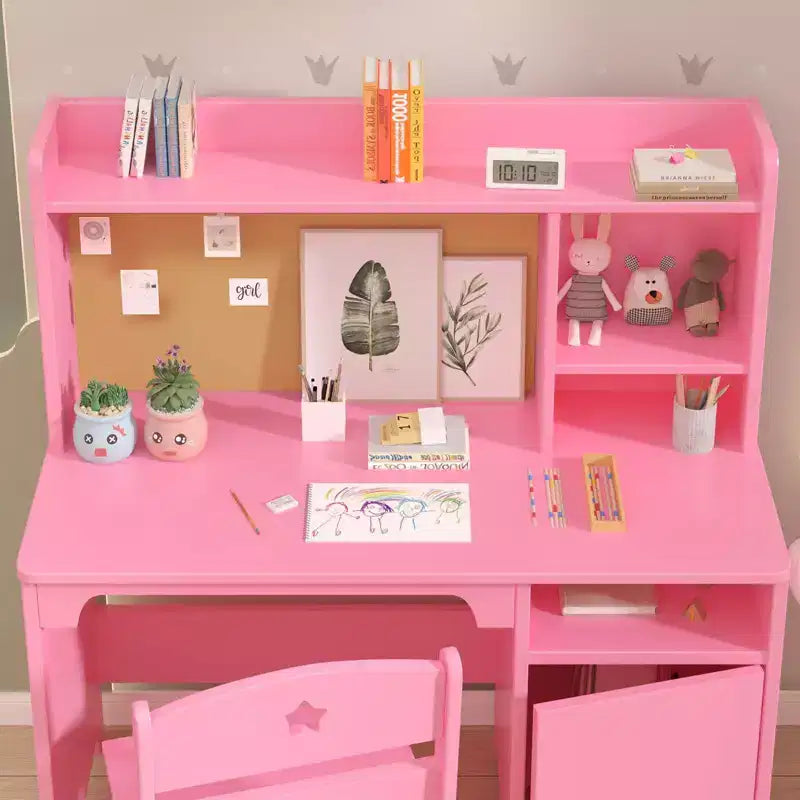 Escritorio y silla infantiles con estantería superior, mueble de almacenamiento de madera