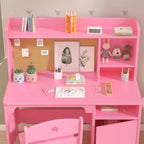 Escritorio y silla infantiles con estantería superior, mueble de almacenamiento de madera