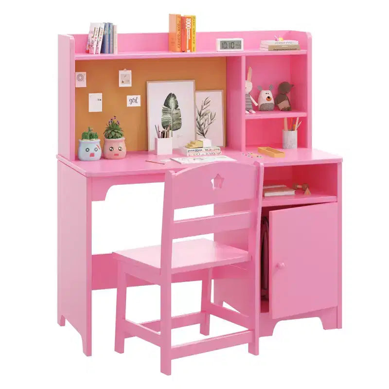 Escritorio y silla infantiles con estantería superior, mueble de almacenamiento de madera