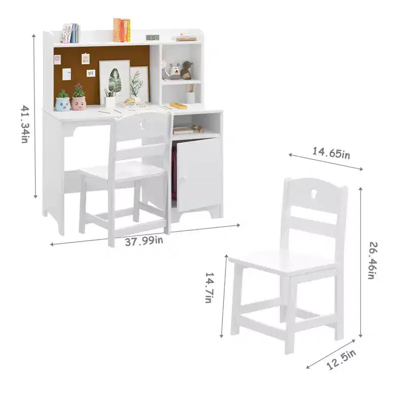 Escritorio y silla infantiles con estantería superior, mueble de almacenamiento de madera