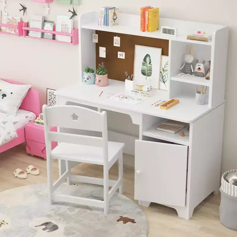 Escritorio y silla infantiles con estantería superior, mueble de almacenamiento de madera