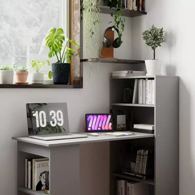 Escritorio para computadora con estantes de almacenamiento de 6 niveles, estación de trabajo con estantería para oficina en casa