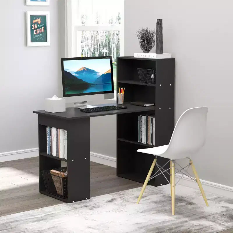 Escritorio para computadora con estantes de almacenamiento de 6 niveles, estación de trabajo con estantería para oficina en casa