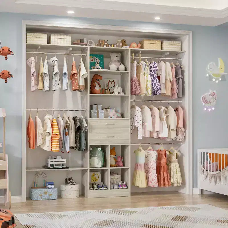 Sistema organizador de armario de 8 pies con cajones y compartimentos de madera, armario blanco con 5 barras para colgar