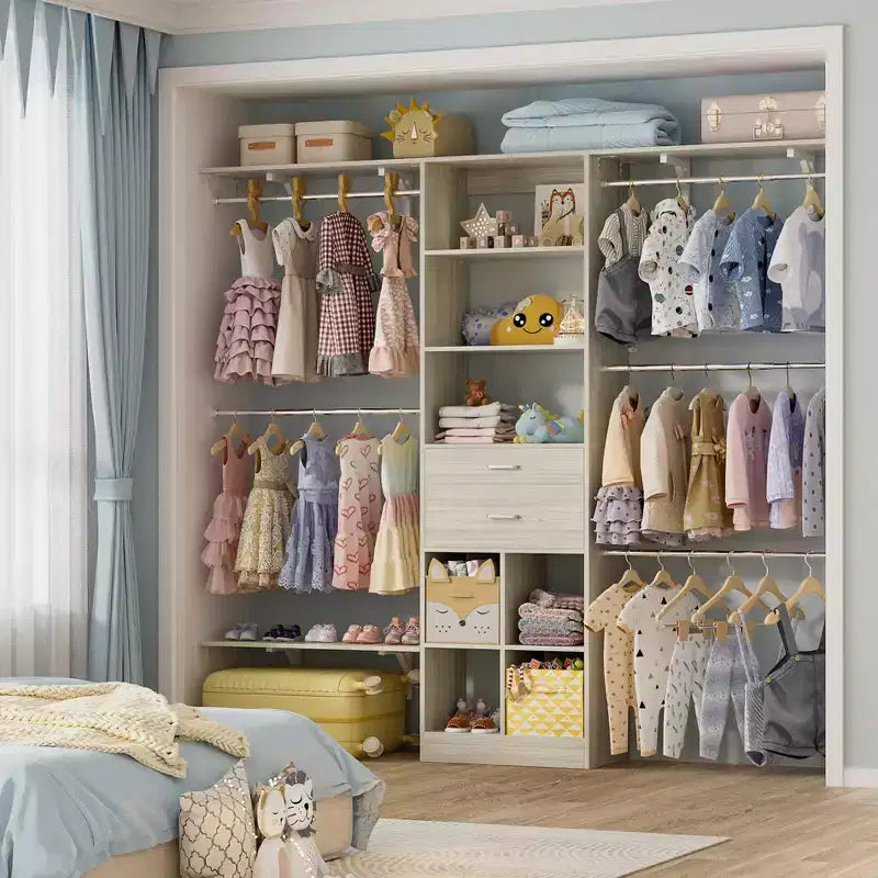 Sistema organizador de armario de 8 pies con cajones y compartimentos de madera, armario blanco con 5 barras para colgar