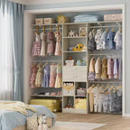 Sistema organizador de armario de 8 pies con cajones y compartimentos de madera, armario blanco con 5 barras para colgar