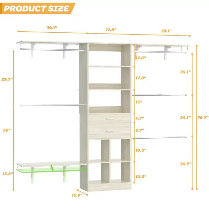Sistema organizador de armario de 8 pies con cajones y compartimentos de madera, armario blanco con 5 barras para colgar