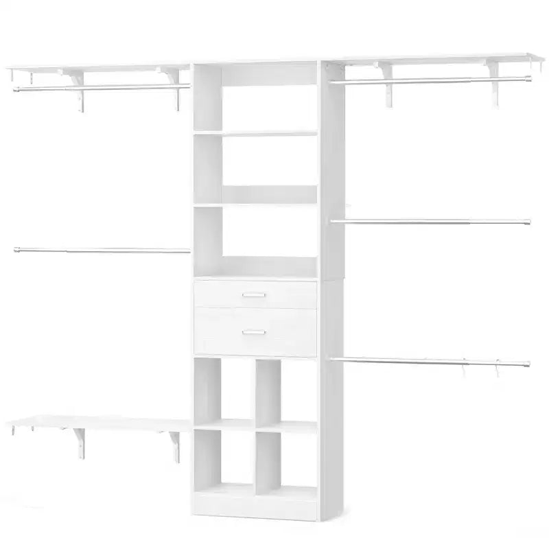 Sistema organizador de armario de 8 pies con cajones y compartimentos de madera, armario blanco con 5 barras para colgar