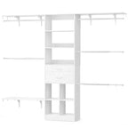Sistema organizador de armario de 8 pies con cajones y compartimentos de madera, armario blanco con 5 barras para colgar