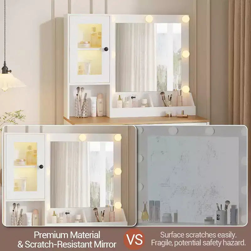 Tocador de maquillaje con espejo, tomas de corriente y puertos USB incorporados