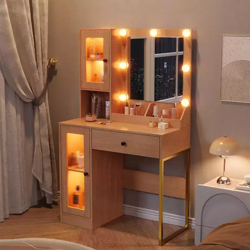 Tocador de maquillaje con espejo, tomas de corriente y puertos USB incorporados