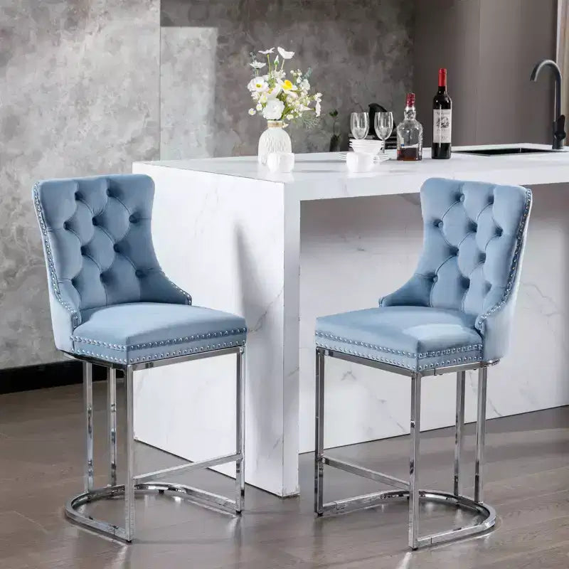 Okak 26 Inch Counter Stools Set of 2, Modern Velvet Barstools with Button Back&Rivet Trim, Farmhouse Kitchen Island Chairs with Chromed Metal Base