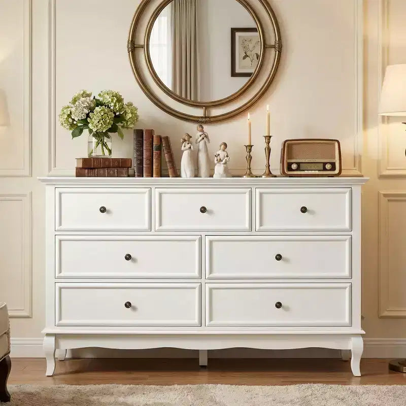 Cómoda de dormitorio, 7 cajones con patas de madera