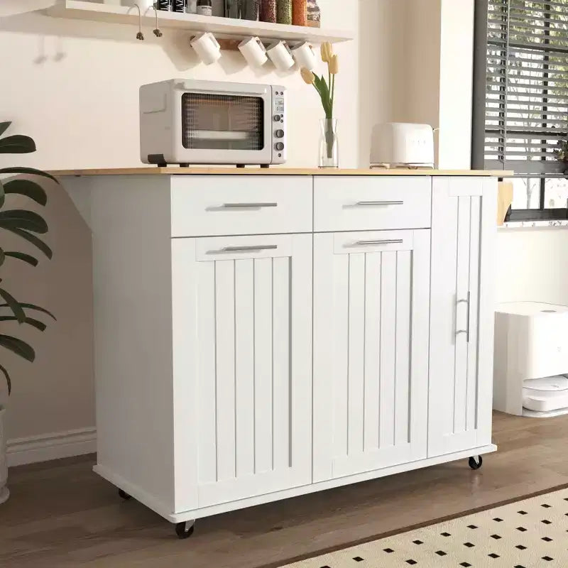 MAYEERTY White Kitchen Island with Drop Leaf, Rolling Cart 3-Tier Pull-Out Organizer 2 Drawers Internal Rack Towel Rack