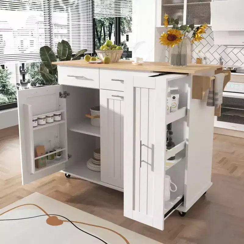 Isla de cocina blanca con ala abatible, carro con ruedas