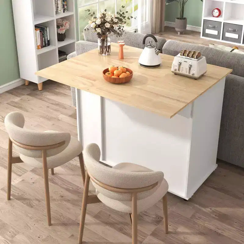 Isla de cocina blanca con ala abatible, carro con ruedas