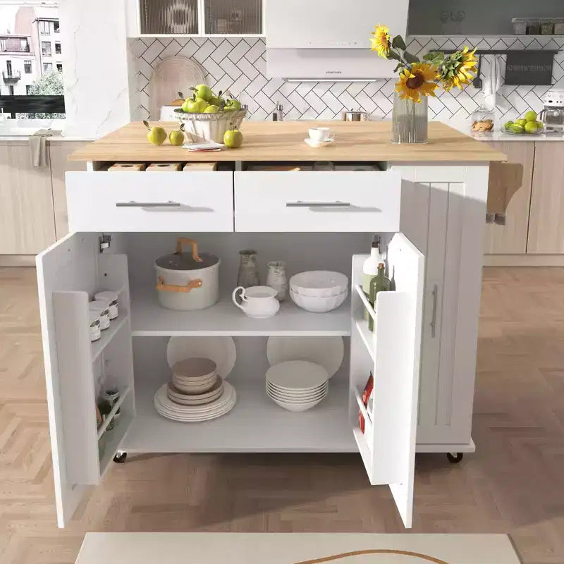 Isla de cocina blanca con ala abatible, carro con ruedas