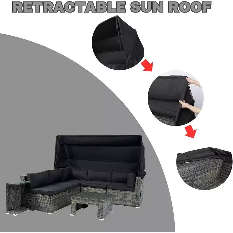 Muebles de patio en forma con toldo retráctil, 7 piezas